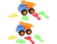 Kiepwagen met schep, hark en zandvormen