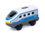 Houten trein locomotief blauw